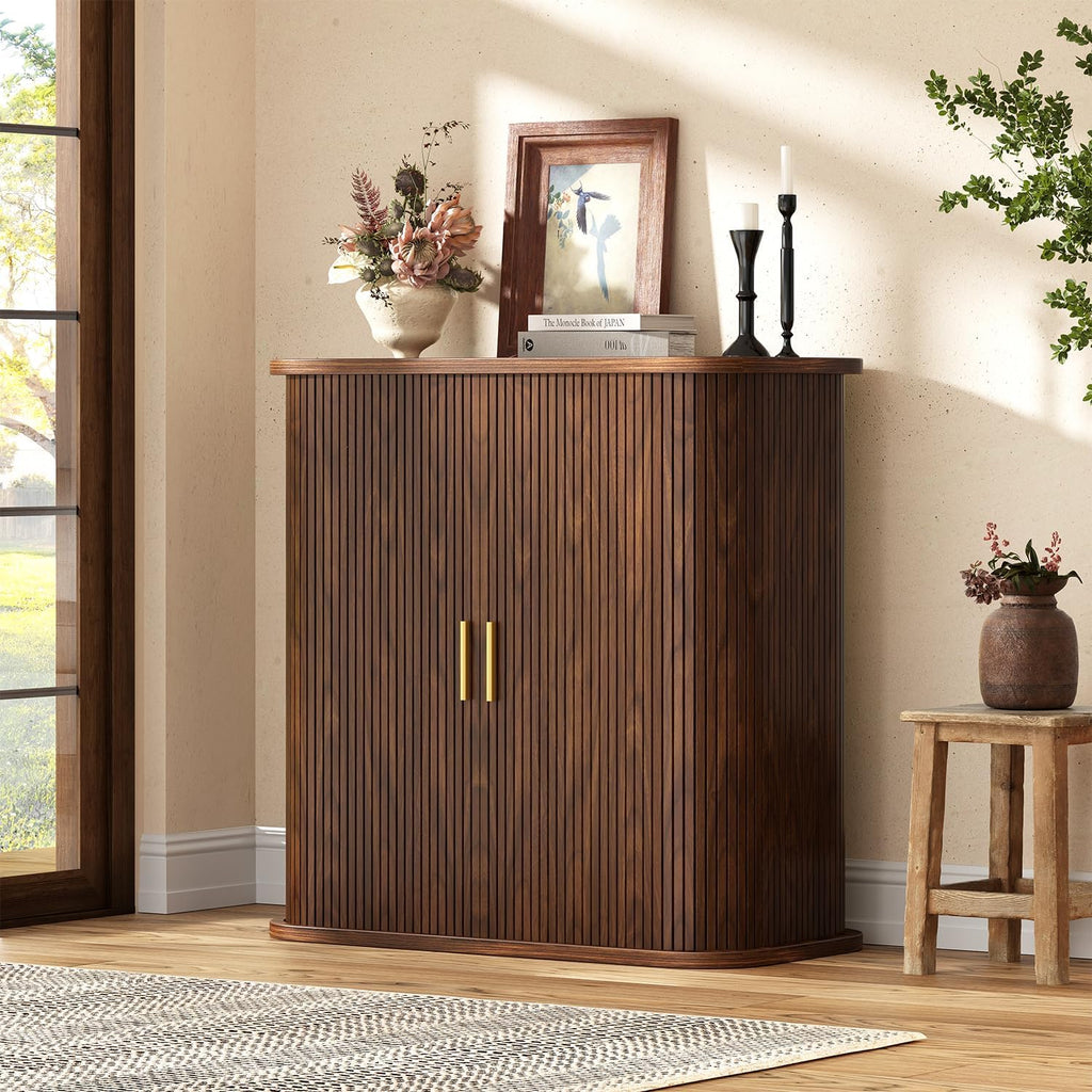 Shoe Storage Cabinet with Sliding Doors, 5-Tier Wood Shoe Cabinet , Adjustable Shelves Freestanding Shoe Organizer