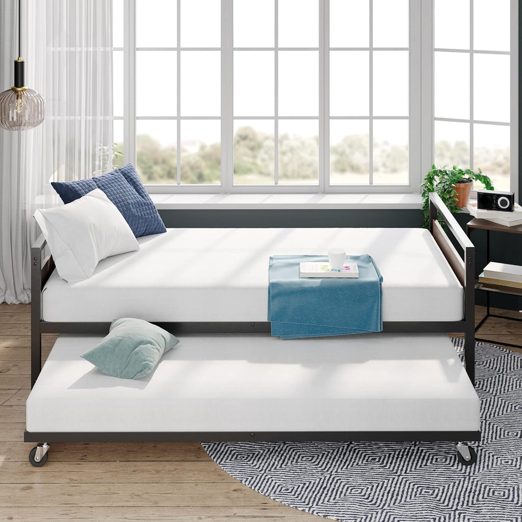 Suzanne Bamboo and Metal Daybed with Trundle / Mattress Foundation with Steel Slat Support / Easy Assembly, Twin