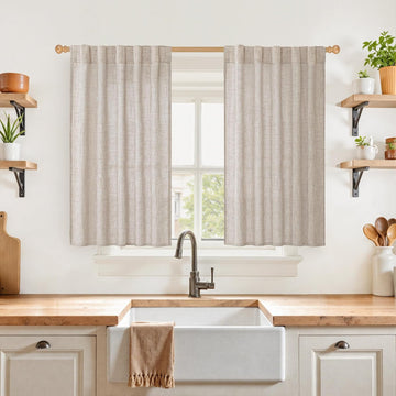 Short Linen Kitchen Curtains 40 Inch Length for Window Over Sink, Semi Sheer Cafe Drapes Light Filtering with Rod