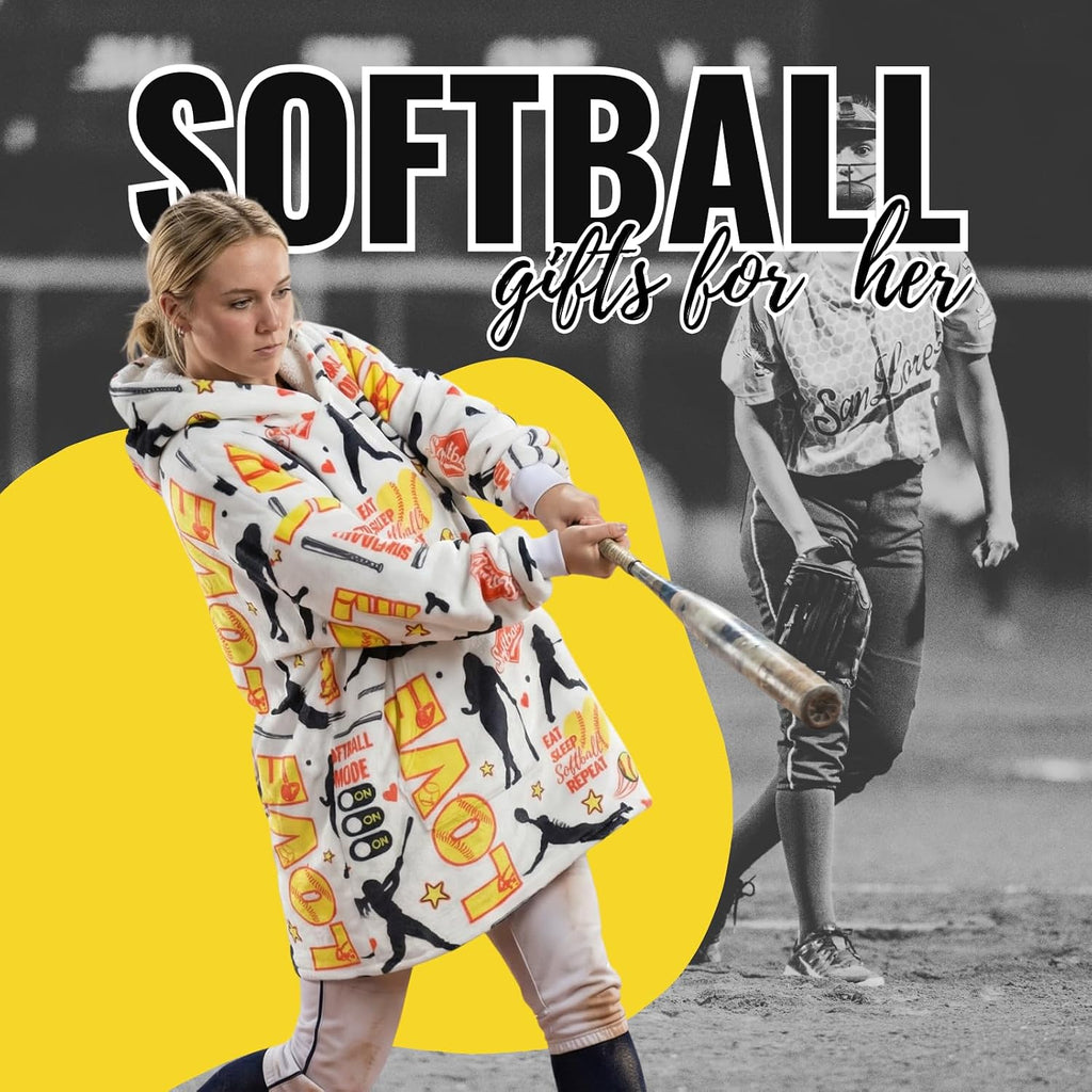Softball Gifts, Wearable Oversized Blanket Hoodies | Softball Blanket for Women, Flannel Hooded Blankets, One Size