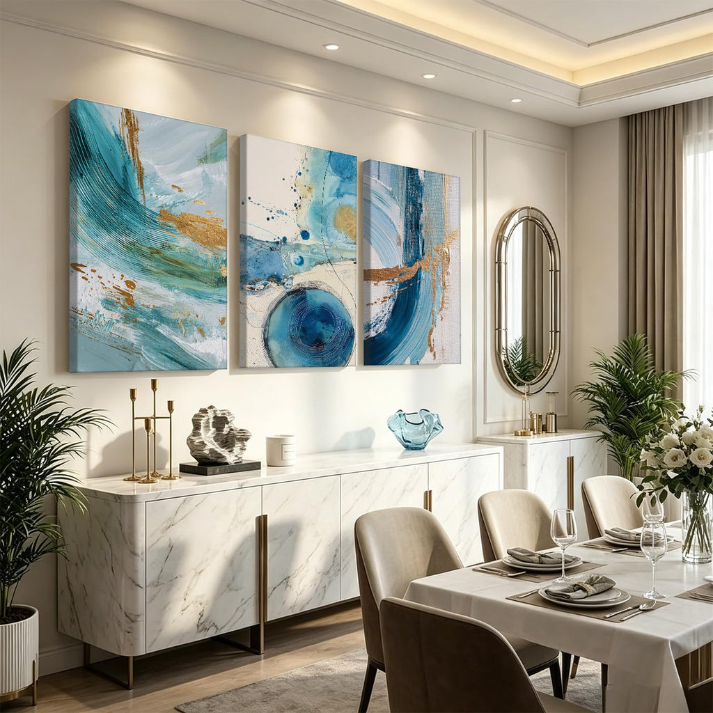 3 Piece Abstract Wall Art, Blue Teal and Gold Foil Canvas Prints, Modern Minimalist Ocean Abstract Painting, Framed