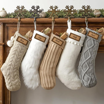 S: 5 Pack 18 inch Farmhouse Plush Faux Fur & Cable Knitted Fireplace Xmas Stockings, Hanging Gifts Cozy Personalized - Set of 5