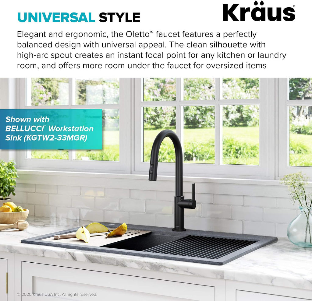Matte Black Single Handle Pull Down Kitchen Faucet KPF-2820MB | Wear-resistant matte black finish, brass body with