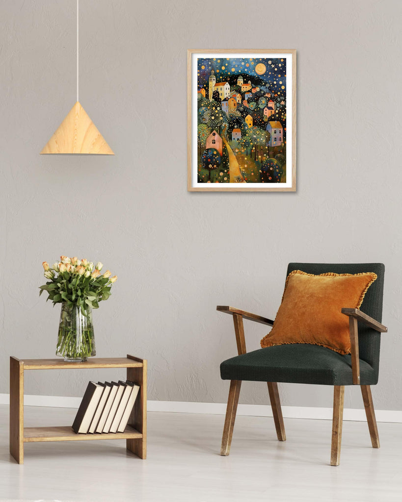 Gustav Klimt Moon Stars Natural OAK Wood Framed Wall Art, 12x16in
