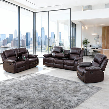 3 Piece Reclining Sectional Couch - Manual Brown Leather Sectional Couch with Recliner, Storage Console, Cup Holders