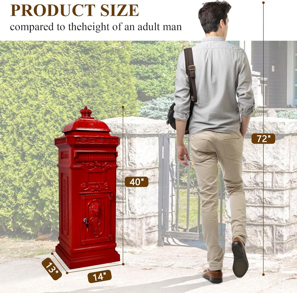 Vintage Large-Capacity Cast Aluminum Mailbox, Outdoor Weatherproof Floor Standing Postbox