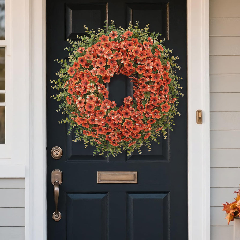 26" Large Artificial Silk Flower Eucalyptus Wreath for Outdoor(Fall Orange)