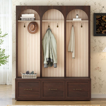 Farmhouse Wood Hall Tree with Shoe Bench and 3 Drawers, 4-in-1 Entryway Coat Rack with 8 Hooks for Entrance, Hallway
