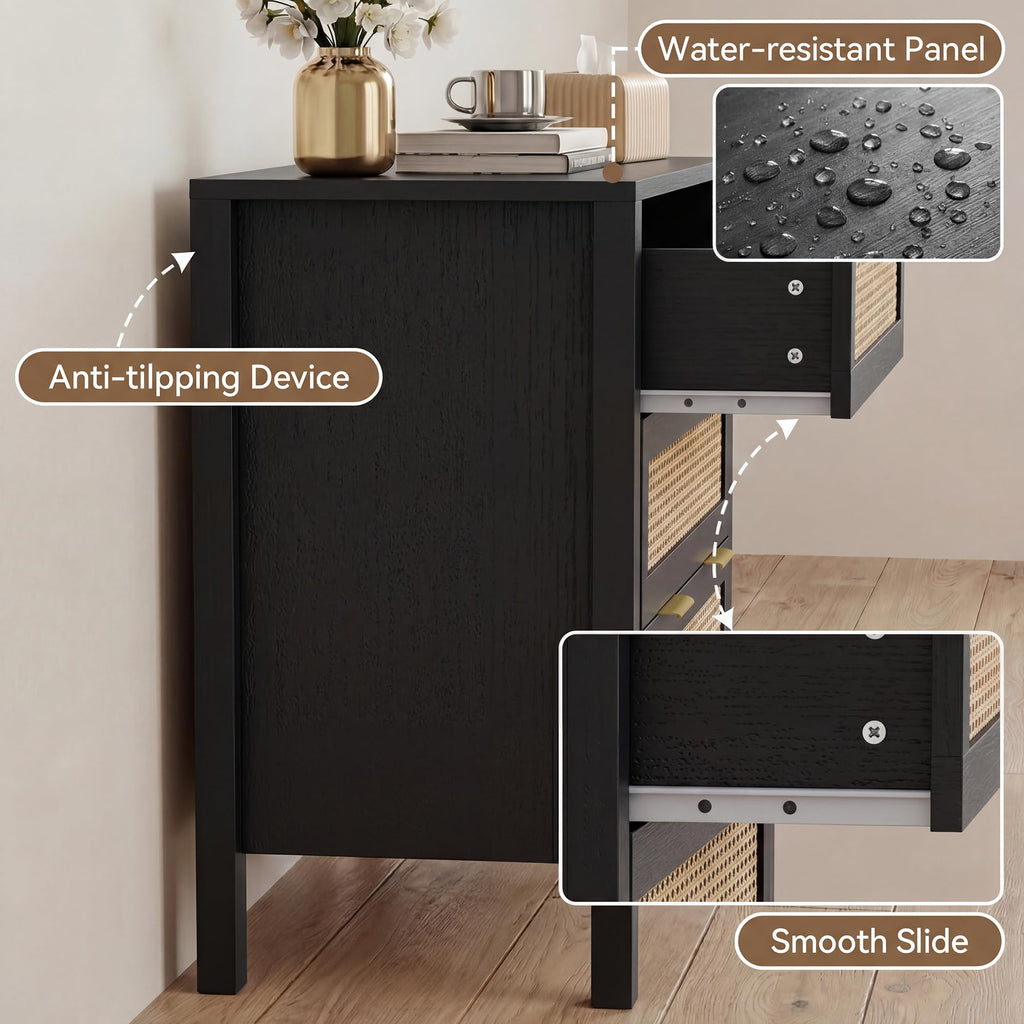 3 Drawer Dressers, Rattan Dresser with Drawers, Modern Wood Dresser with Metal Handles, Chest of Drawers (Black-3