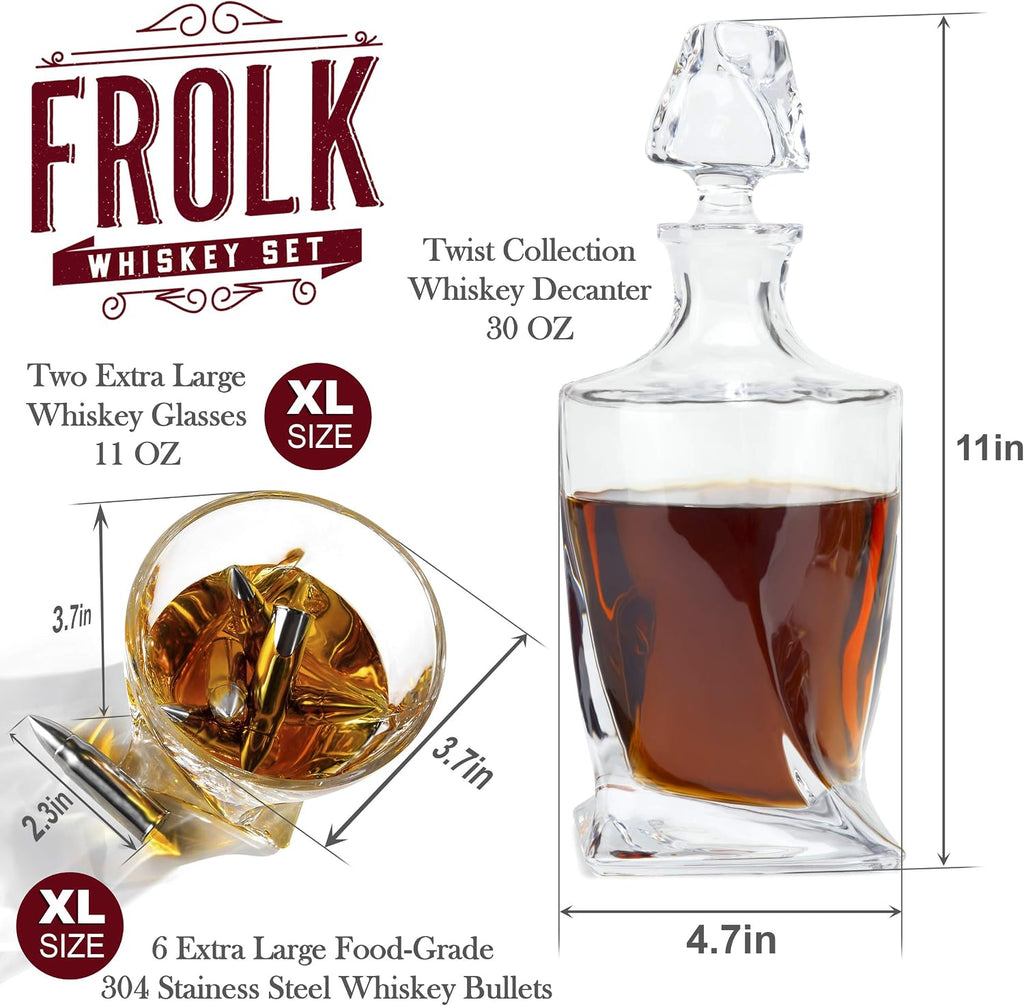 Whiskey Decanter and Stones Gift Set for Men - Whiskey Decanter, 2 Twisted Whiskey Glasses, 6 XL Stainless Steel - Set of 12