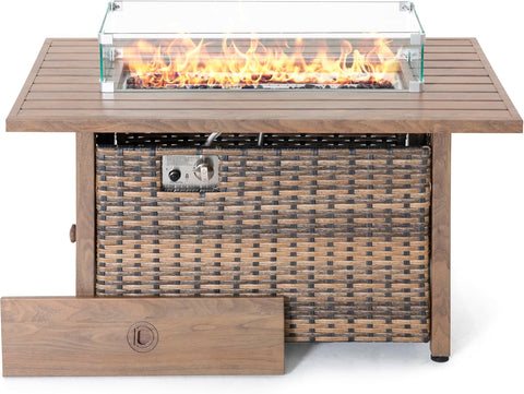 43 Inch Propane Fire Pit Table CSA Listed 50000 BTU Gas Fire Pit with Lid Glass Wind Guard Fire Glass Beads 2 in 1 Rectangular Outdoor Fire Table for