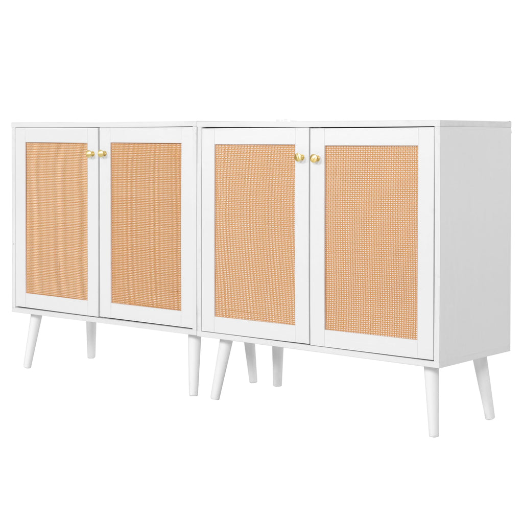 Boho Accent Storage Cabinet with Rattan Doors, Wood Grain Sideboard Buffet with Adjustable Shelves, Coffee Bar, White