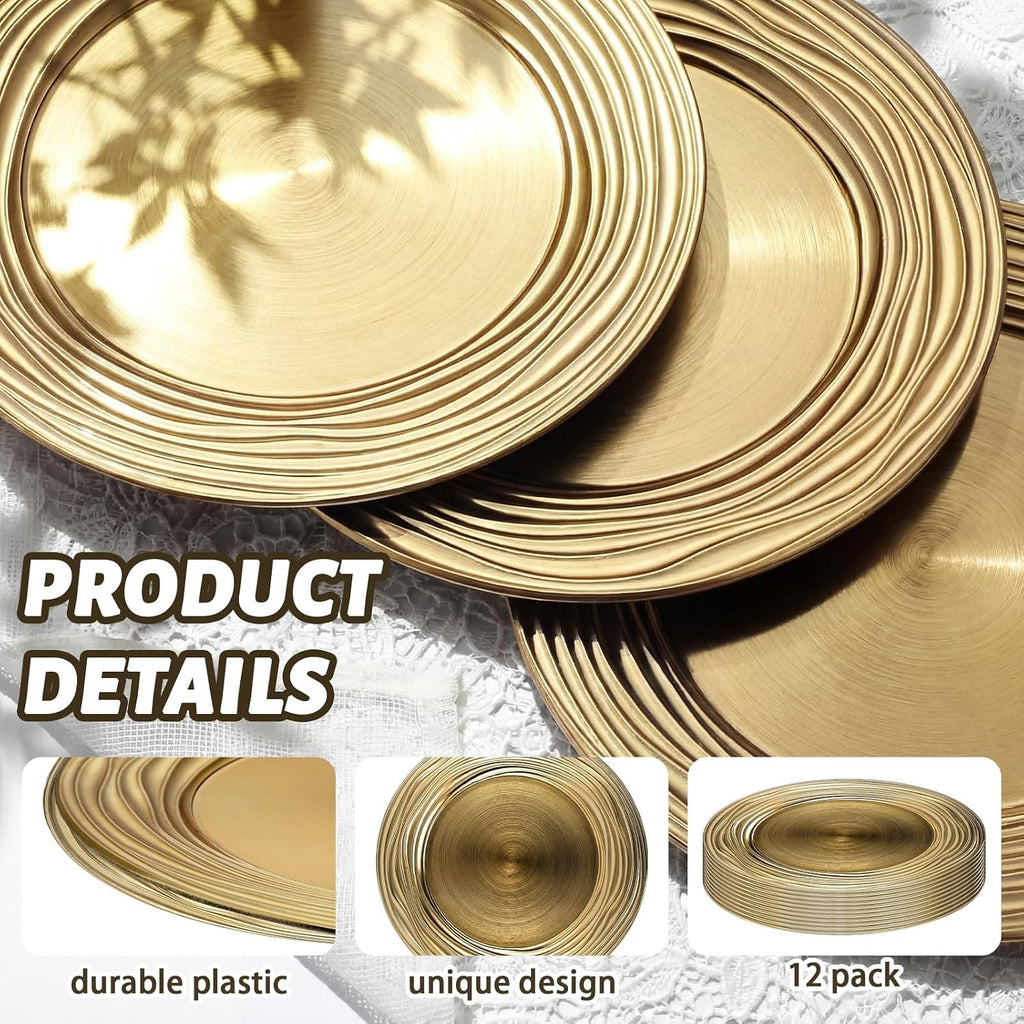 Gold Charger Plates 13 Inch Plastic Round Plates Bulk - Set of 12