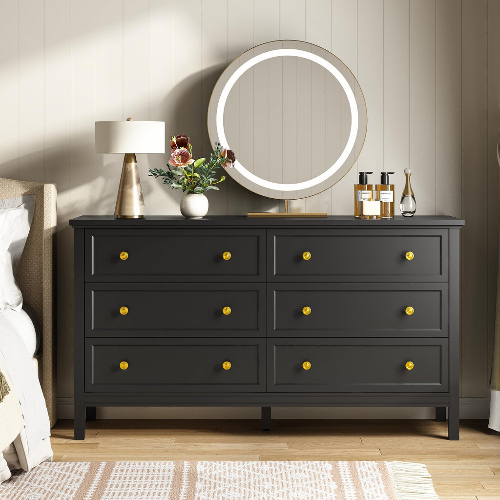 55'' Black Dresser with 6 Drawers, Wood Dressers Elegant Modern Chest of Drawer with Gold Handles Wood Legs, Large