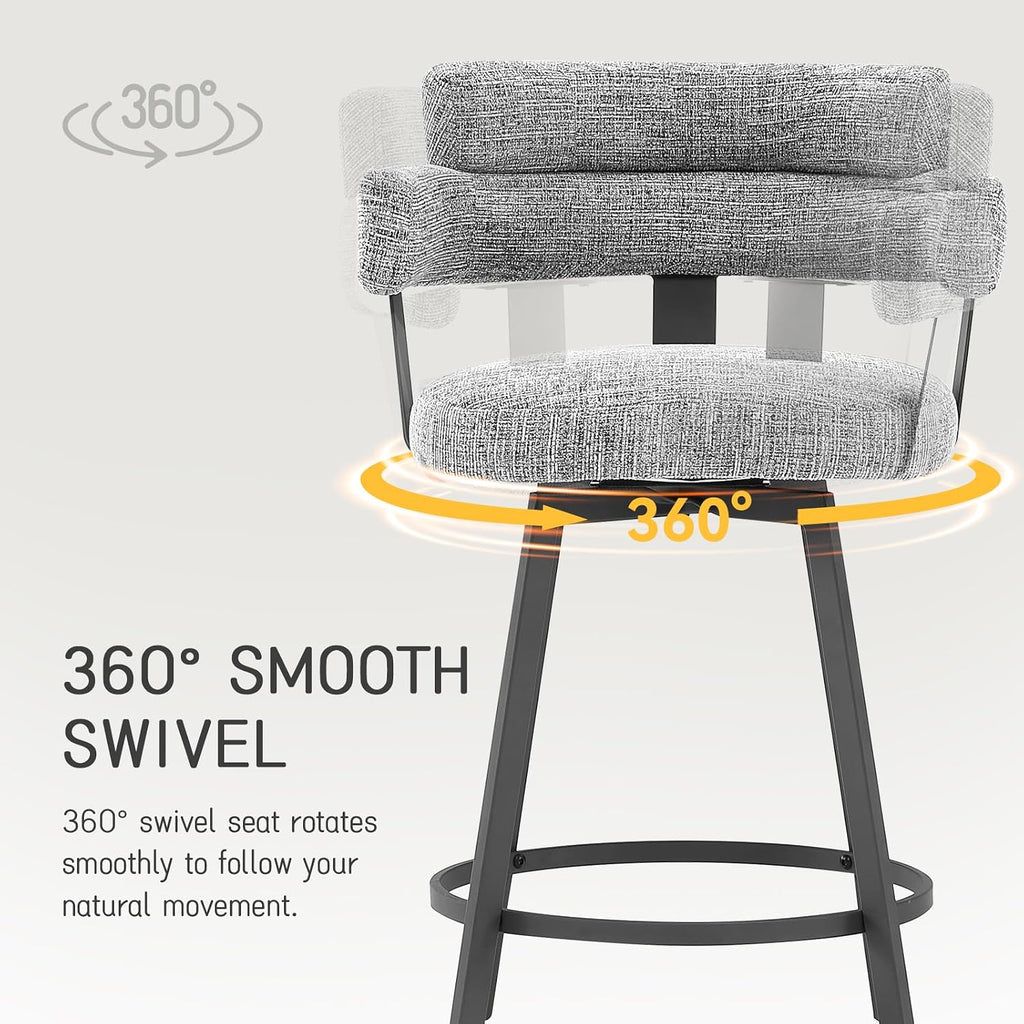 Counter Height Bar Stools with Full Back - Swivel Counter Stools Set of 2 with Linen Padded Back, Metal Footrest