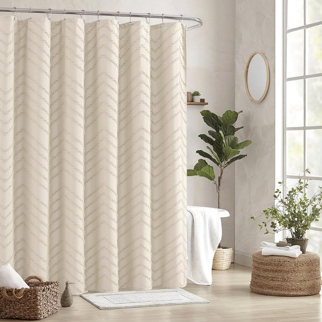 Beige Boho Shower Curtain 72 x 72 Modern Farmhouse Shower Curtain Bohemian Chic Tufted Chevron Textured Striped
