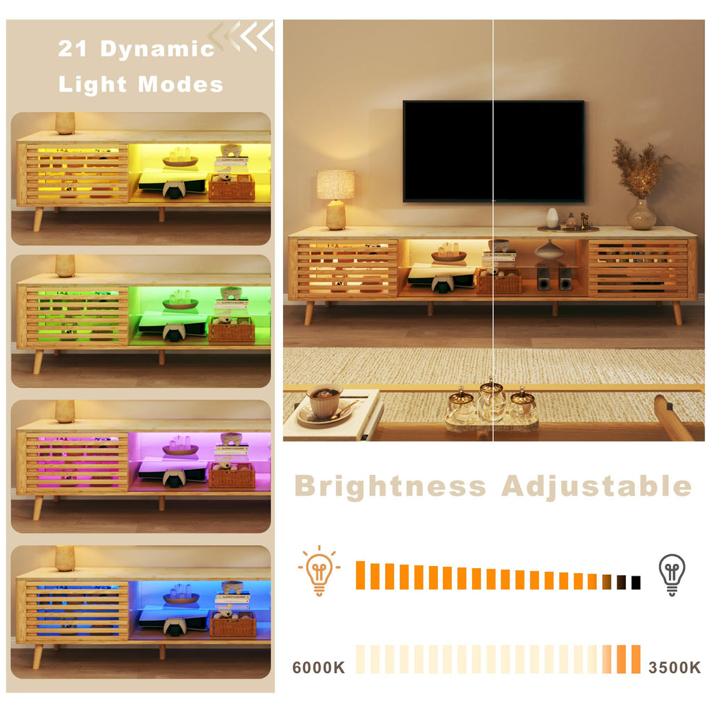 70" TV Stand for 55/65/75 Inch TV, Faux Marble Top Entertainment Center with Slatied Sliding Door & LED Lights, Mid