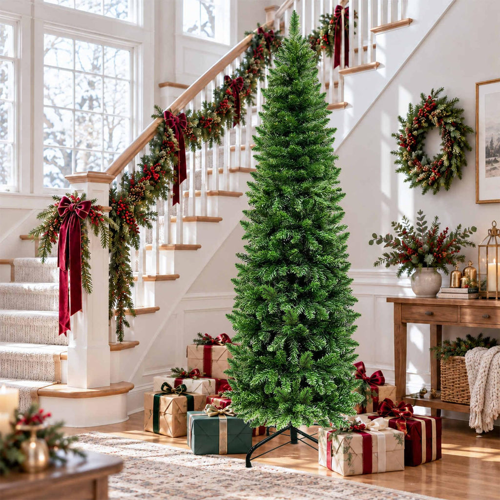Dual Color Change 6.5 Ft Prelit Pencil Christmas Tree 8 Modes Timer Warm White & Multicolor Lights 826 Thick Branch