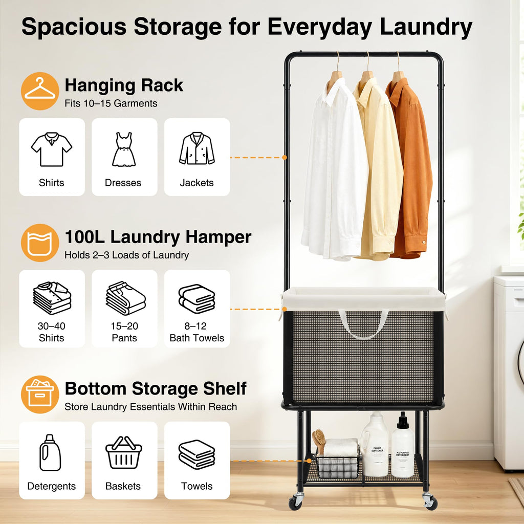 Rolling Laundry Cart with Hanging Bar, Laundry Hamper with Wheels