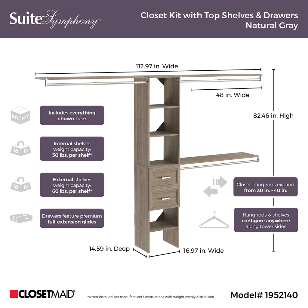 SuiteSymphony Closet Organizer with Shelves and 2 Drawers, 16-Inch-Natural Gray