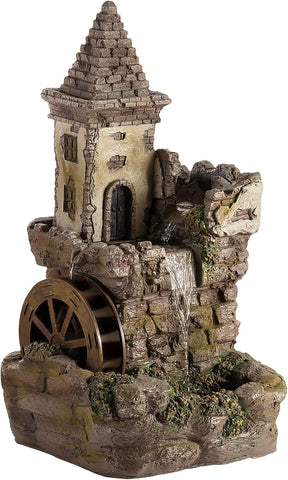 USA1164 Outdoor Floor Tiered Fairy Castle Waterwheel Water Fountain with Realistic Stone Look, 35", Brown
