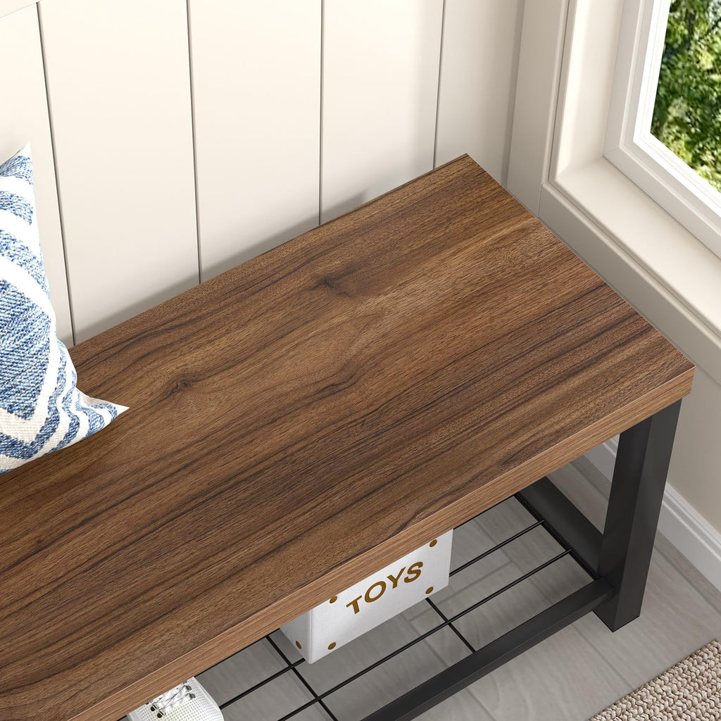 Modern Entryway Bench - Rustic Wood and Metal Shoe Storage Front Door Entrance, Industrial Indoor Seat Living Room