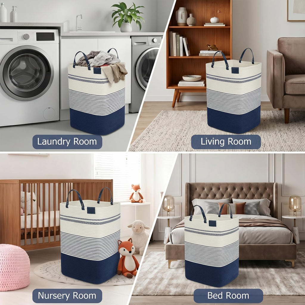 75L Woven Laundry Hamper with Long Leather Handles, Baby Laundry Basket , Tall Hampers Aesthetic, Decorative Clothes