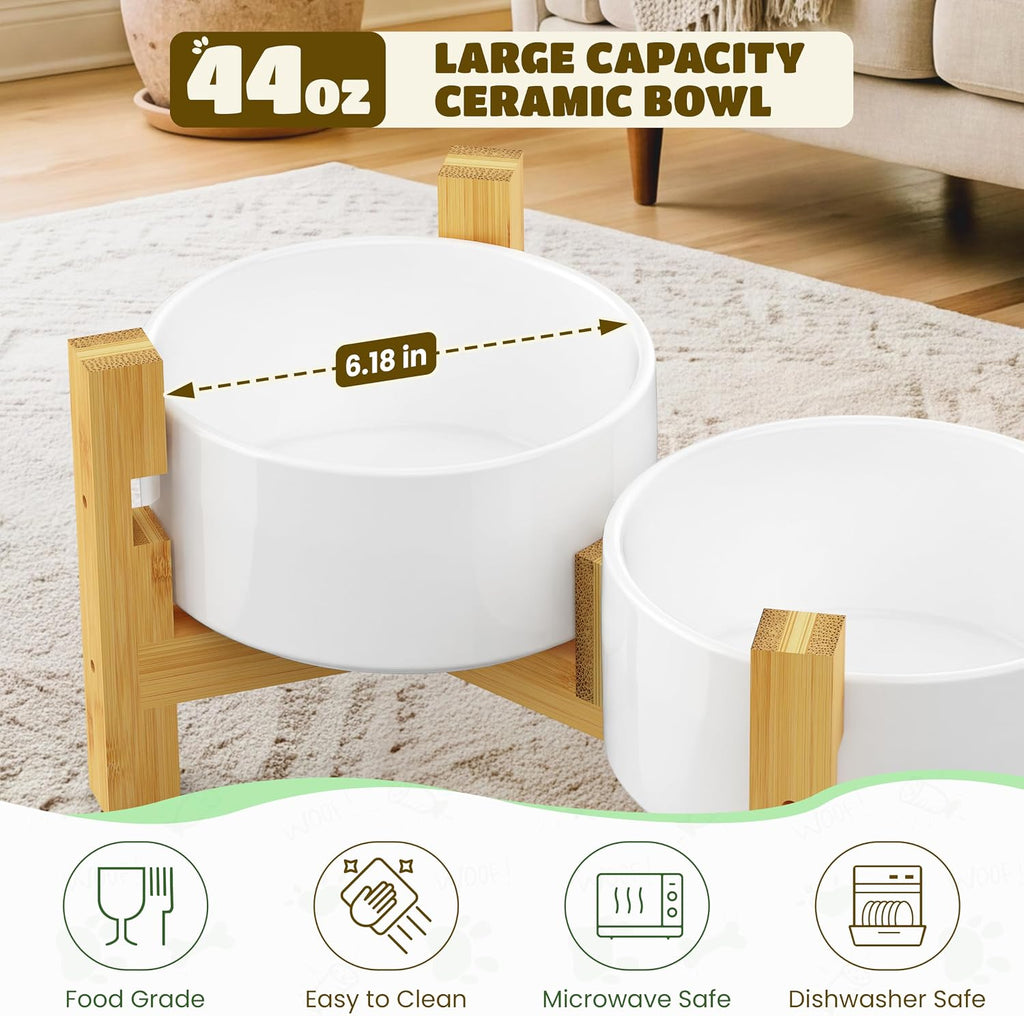 Elevated Dog Bowls with Adjustable Bamboo Stand, Ceramic Dog Food and Water Bowl Set, Raised Dog Bowl for Small &