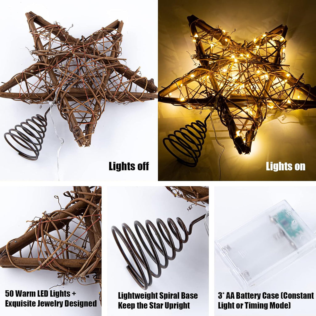 Rattan Natural Star Christmas Tree Topper - Rustic Farmhouse Xmas Treetop with 50 Warm LED Lights Christmas Tree