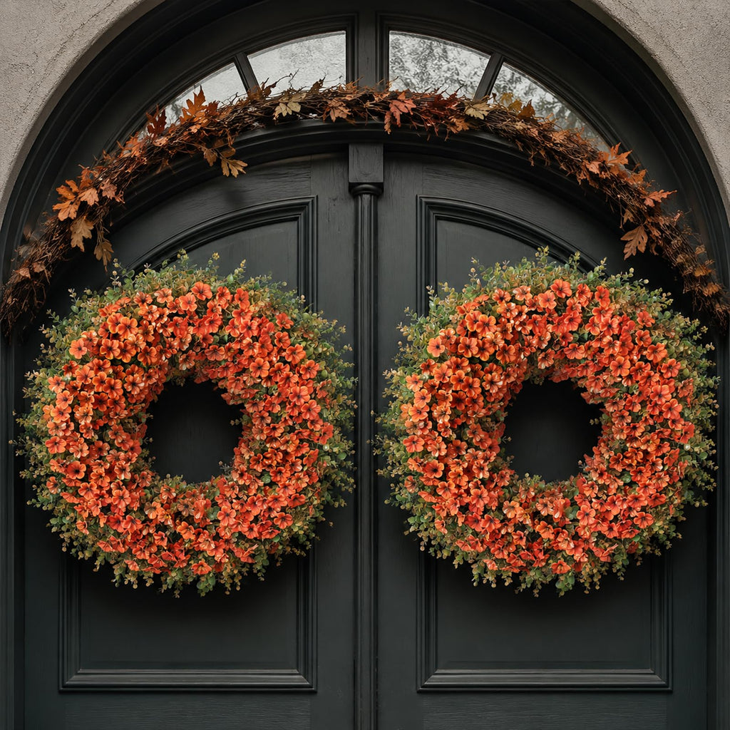 32" Large Artificial Silk Flower Eucalyptus Wreath for Outdoor(Fall Orange)