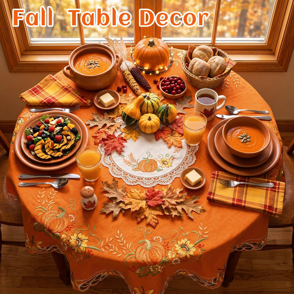 Fall Tablecloth Embroidered 34 in Square Rust Orange Autumn Decor