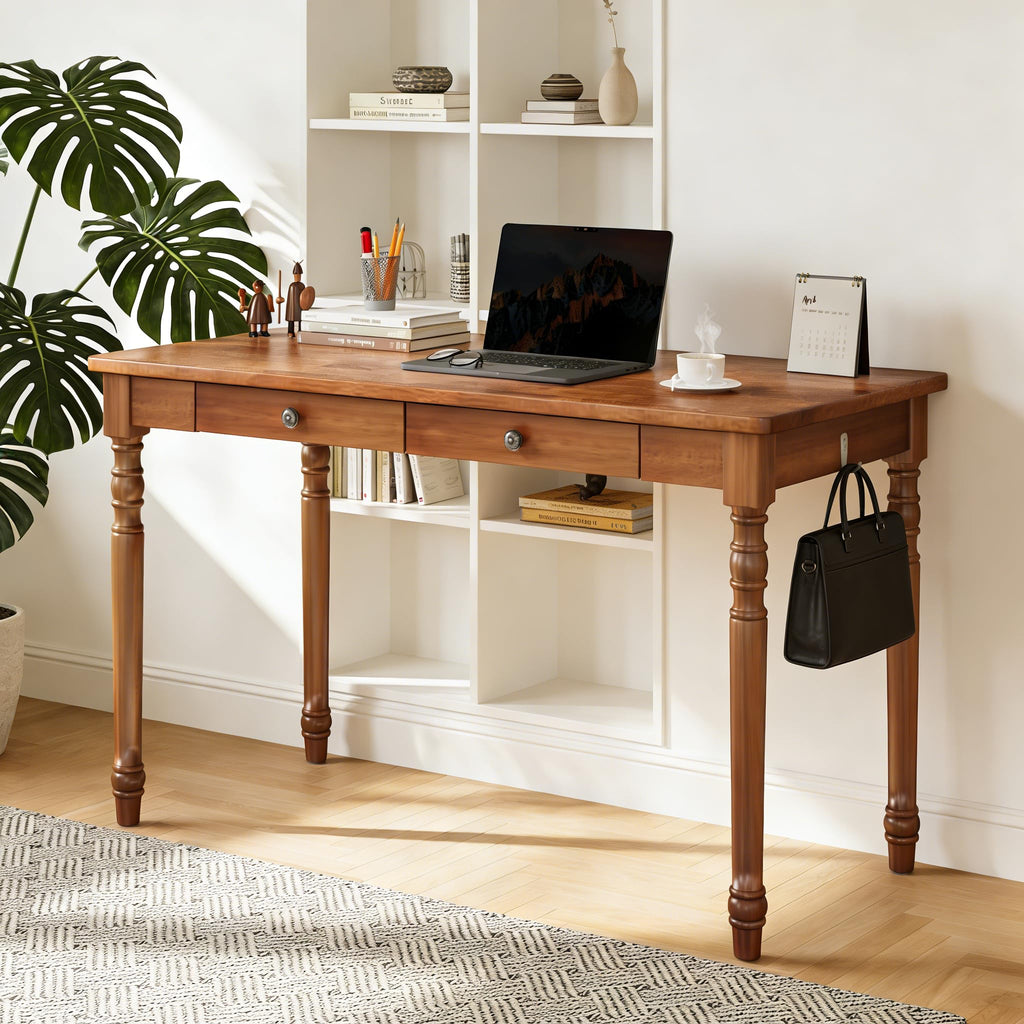 100% Solid Wooden Desk with Drawers - 47.2" Mid Century Modern Desk with 2 Hooks, Vintage Writing Desk with Drawers