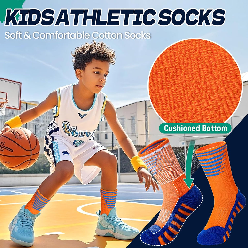Kids Boys Athletic Socks Sport Basketball Crew Soft Cotton Breathable Youth Casual Socks 6 Pairs