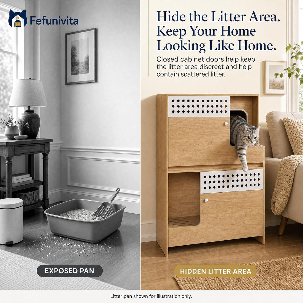Cat Litter Box Enclosure with Storage & Ventilated Panels, Single Cabinet