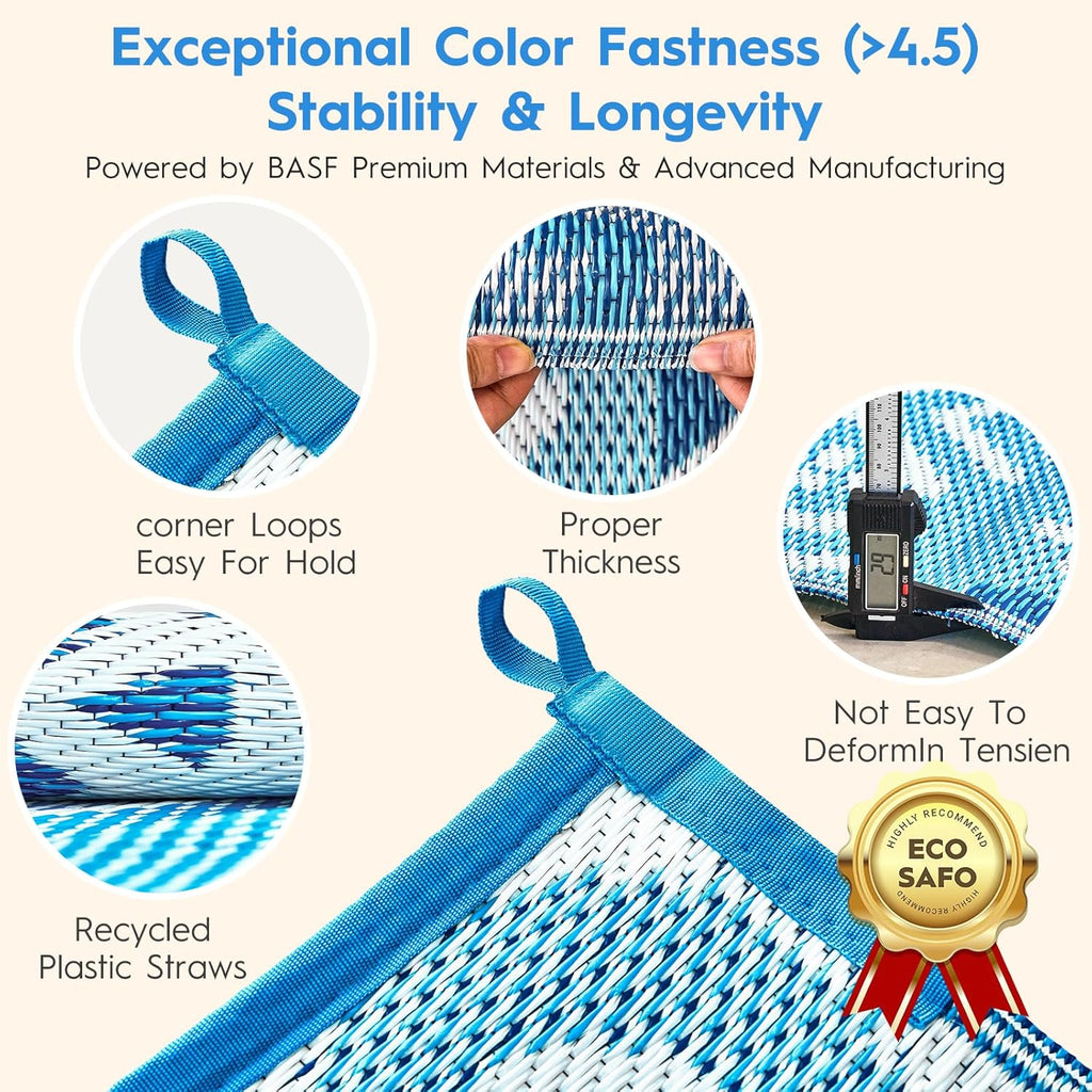 Outdoor Patio Rug - Waterproof Reversible Plastic Straw Mat, UV Resistant & Easy Clean, Foldable Camping Carpet