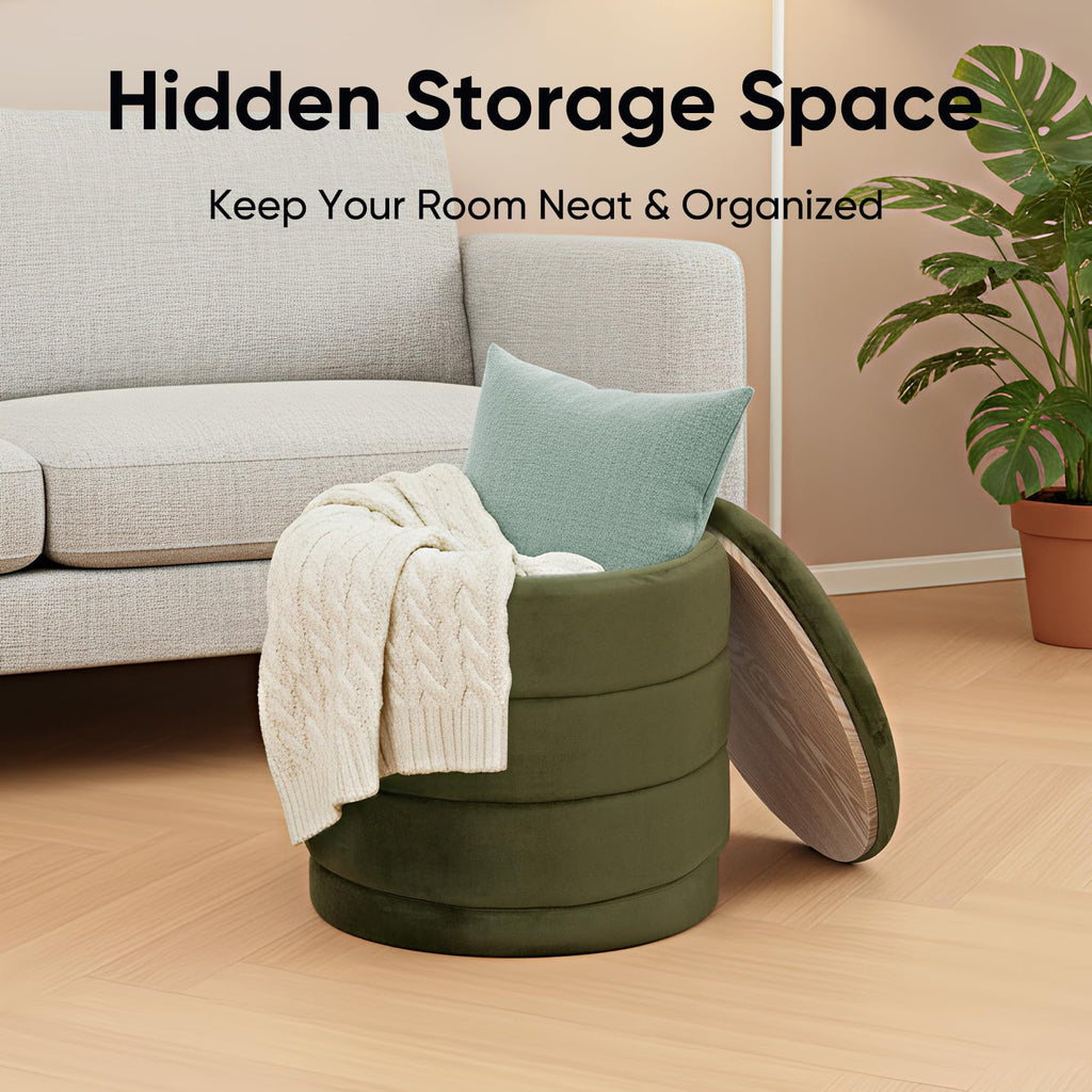 Round Storage Ottoman, 15.4" Velvet Footstool, Olive Green