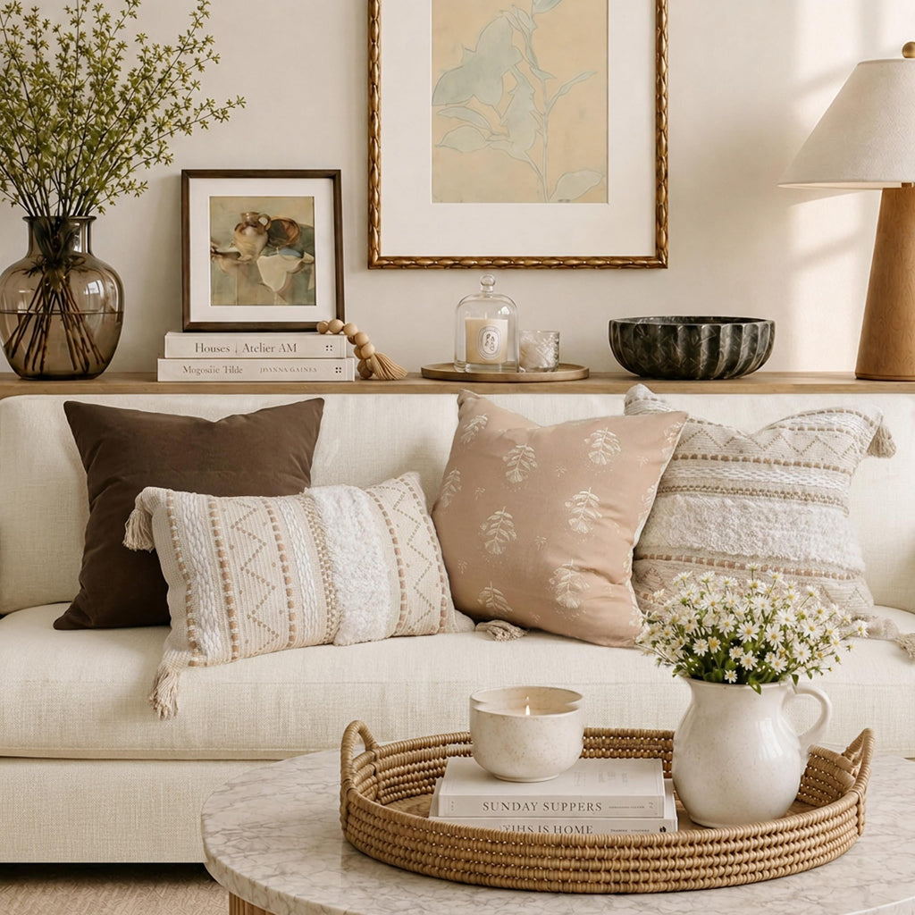 20X20 Throw Pillow Cover, Cream Neutral Beige Square Decorative Cushion Cover, Boho Accent Pillowcase with Tufted