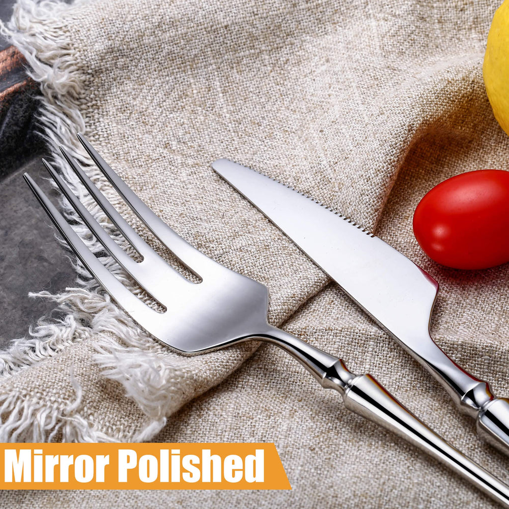 24-Piece Silverware Set for 6, Modern 18/10 Stainless Steel Flatware Set, Unique Rustic Cutlery Utensils Set, Spoon and