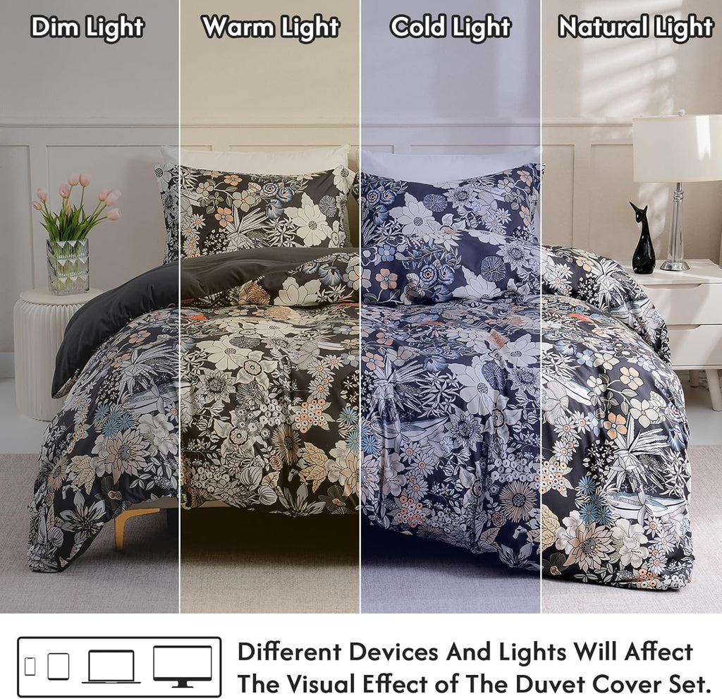 Queen Flower 3 Pcs Duvet Cover Set, Breathable Soft Microfiber Black Lining Comforter Cover with Zipper Closure, and 2 Anti-Pilling, Fade Resistant Pillowcases, Midnight Blossoms