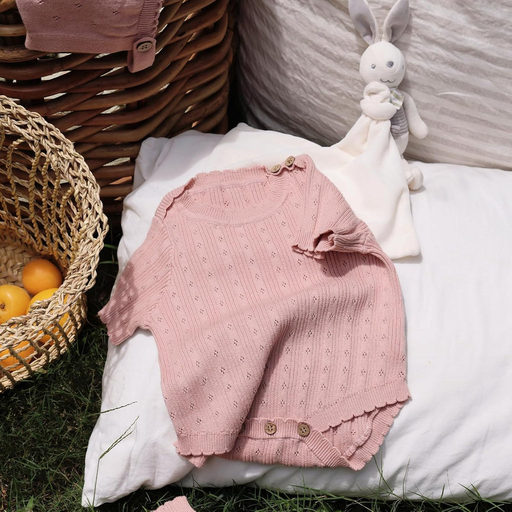 Cotton Baby Set with Knitted Short Sleeve Sweater, Hat, Socks
