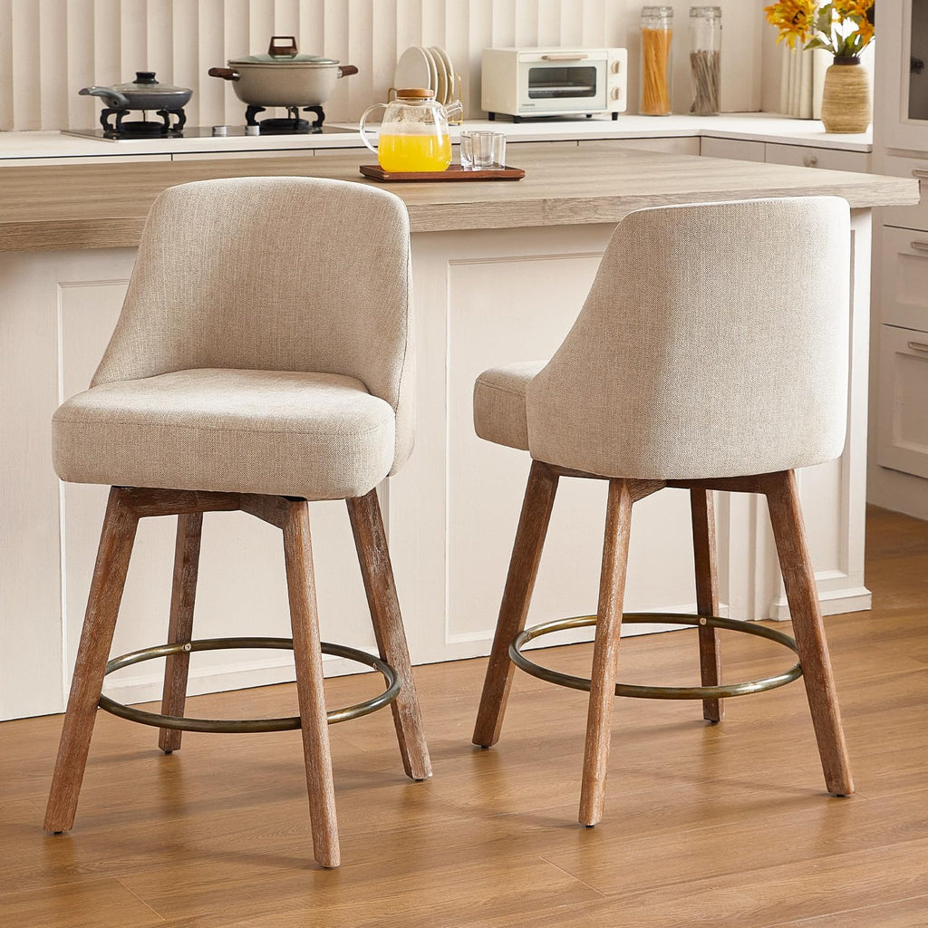 Counter Height Bar Stools,Sand-Colored Linen Comfort Fabric Bar Stool Set of 2,360° Swivel Counter Height Stools