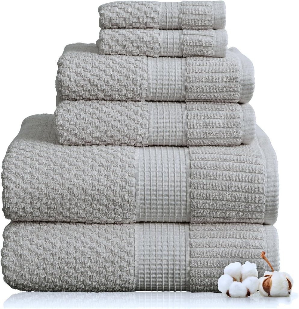 100% Cotton 6-Piece Bath Towel Set | Grey | Oeko-TEX | Quick-Dry | 30" x 52" Bath Towels | 16" x 28" Hand Towels |