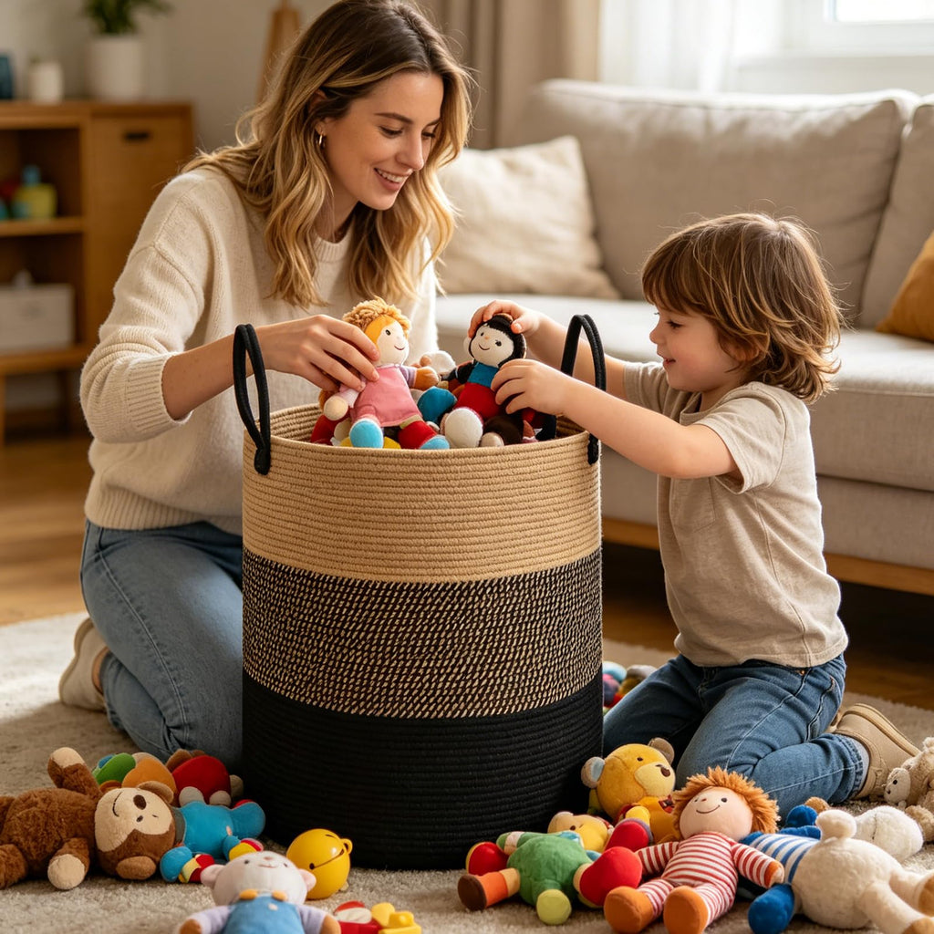 Large Laundry Hamper, Woven Rope Basket with Sturdy Handles- Jute