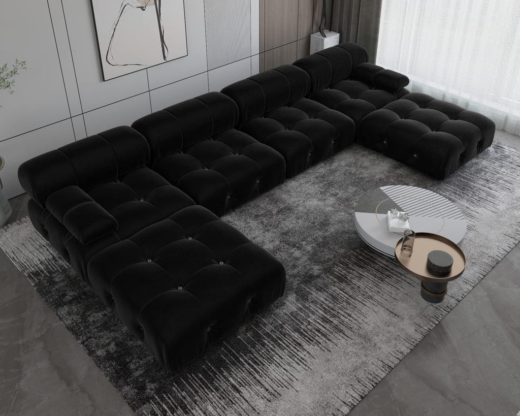 138" Modular Sectional Couch, U-Shaped Minimalist Velvet Sofas with Chaise Ottomans, Convertible Modern Deep 6-Seat