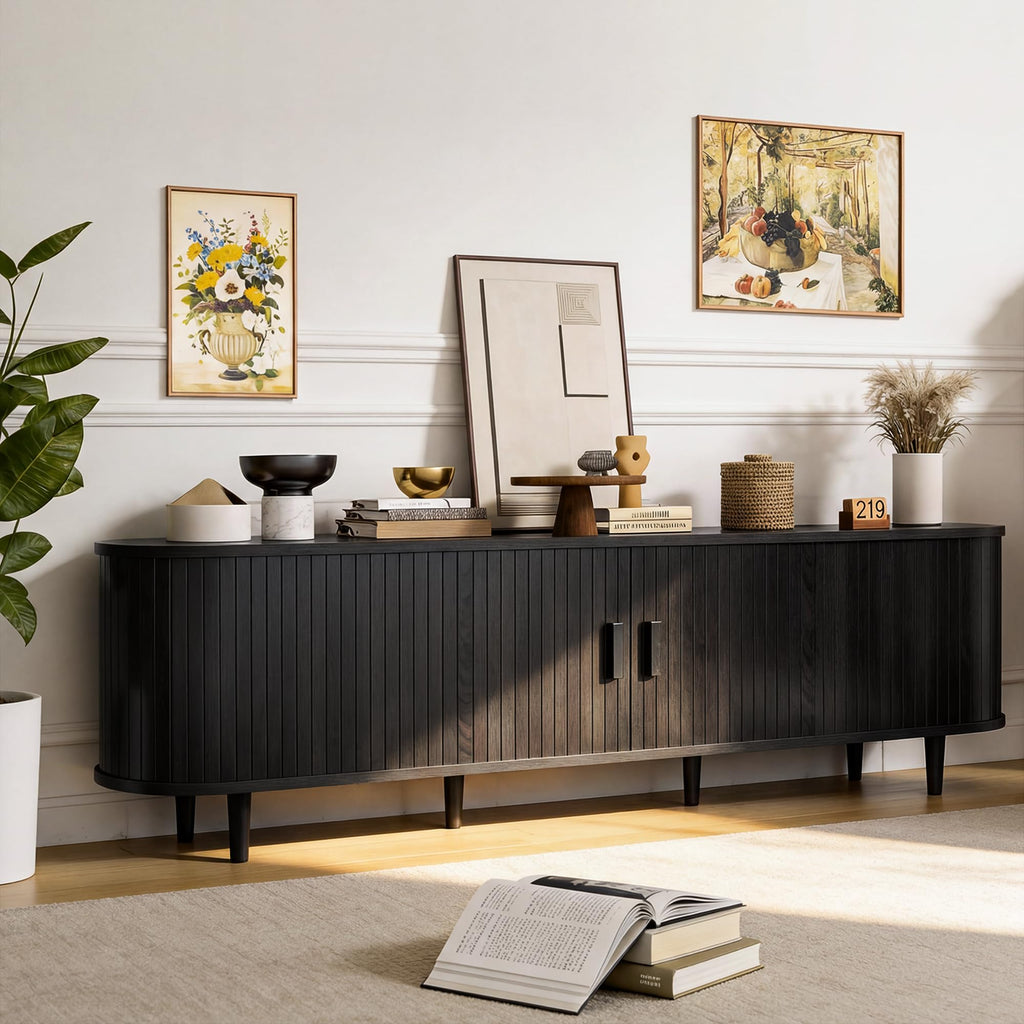 70" Mid Century Modern TV Stand, Wood TV Consoles with Sliding Doors and Power Outlet, Entertainment Center with