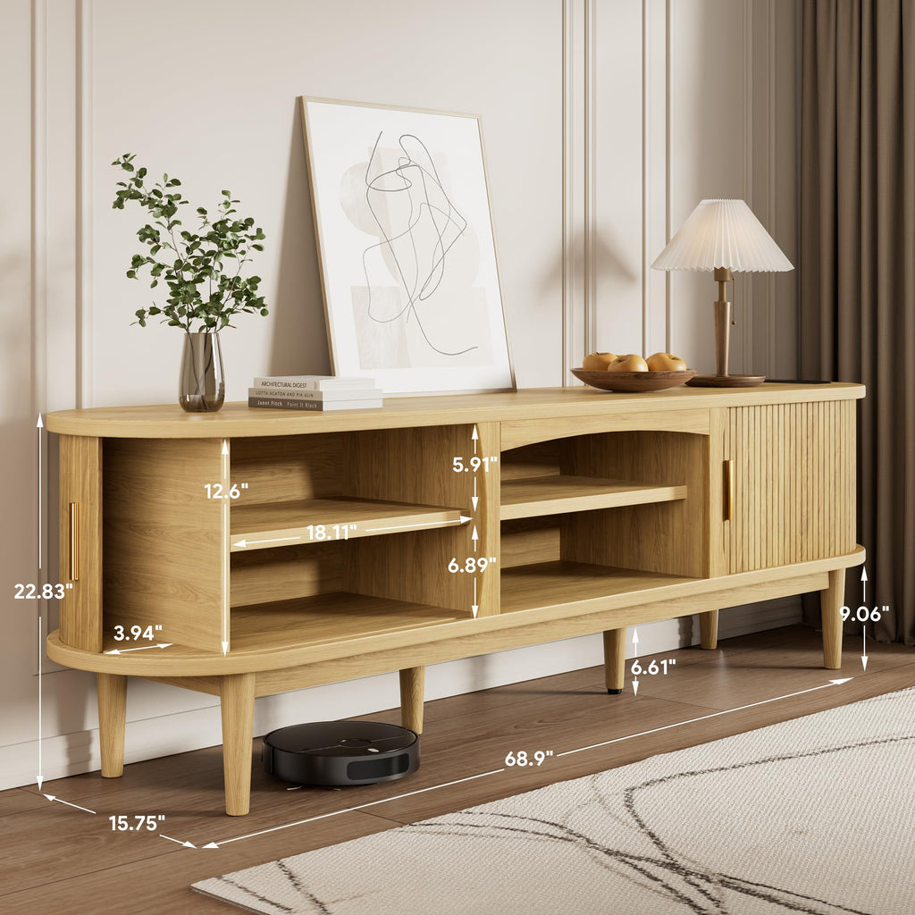 Mid Century TV Stand for TVs up to 80 Inches, Entertainment Center with Storage, Power Outlet, Fluted Sliding Doors &