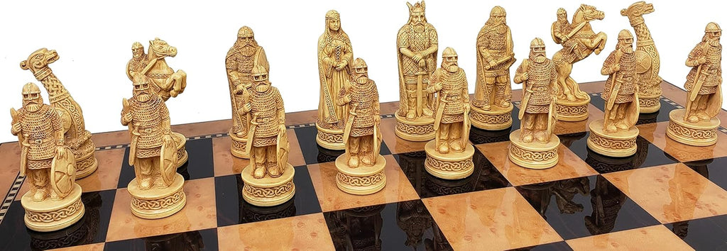 Antique Ivory & Brown Norse Viking Chess Set with 18 inch Walnut Color Board