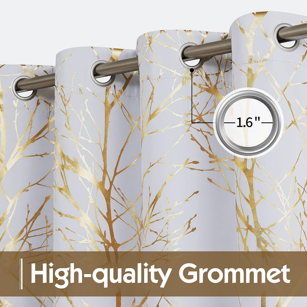 100% Blackout Grey Gold Foil Tree Curtains 2 Panels