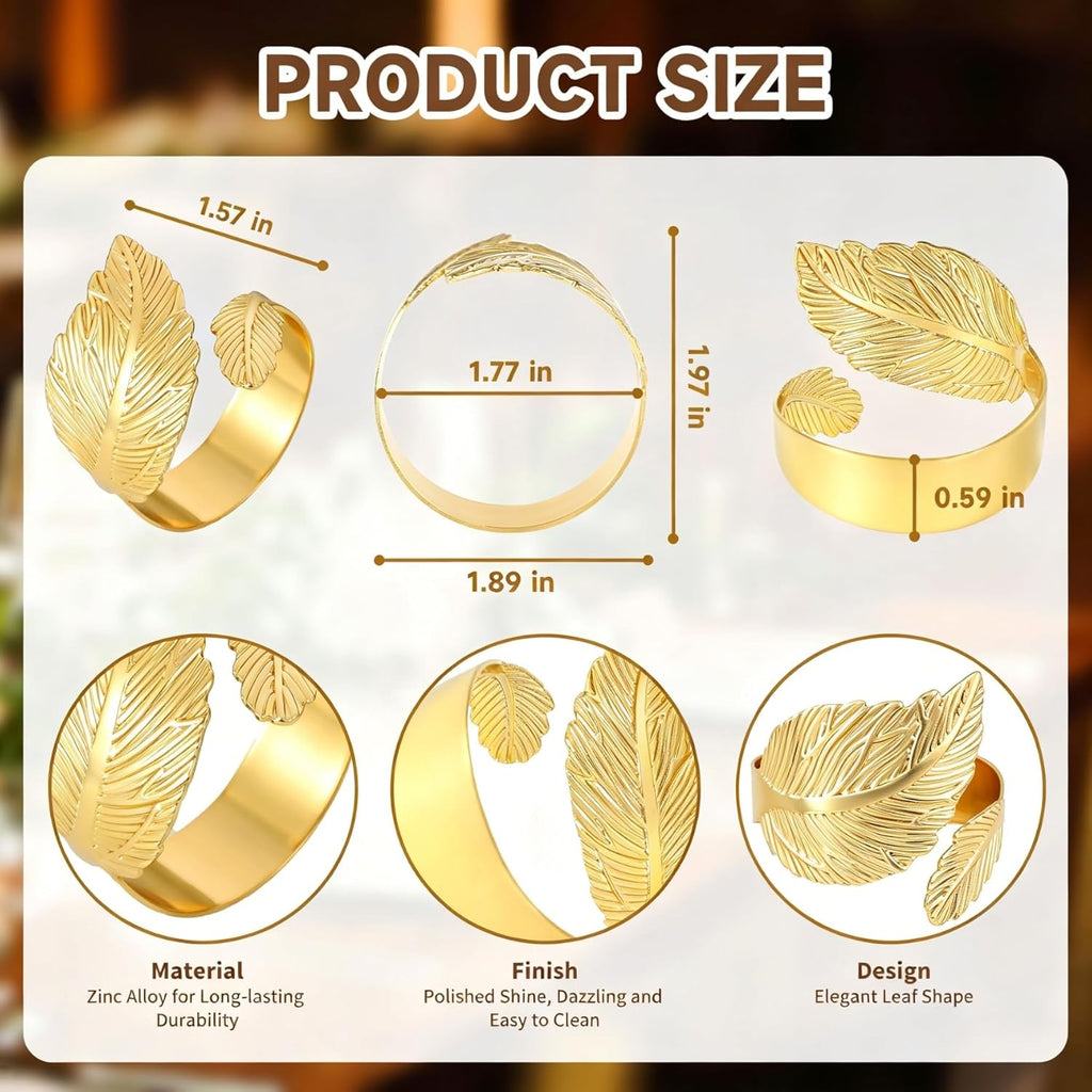 Gold Napkin Rings, Solid Metal Laurel Leaf Table Decor - Set of 12