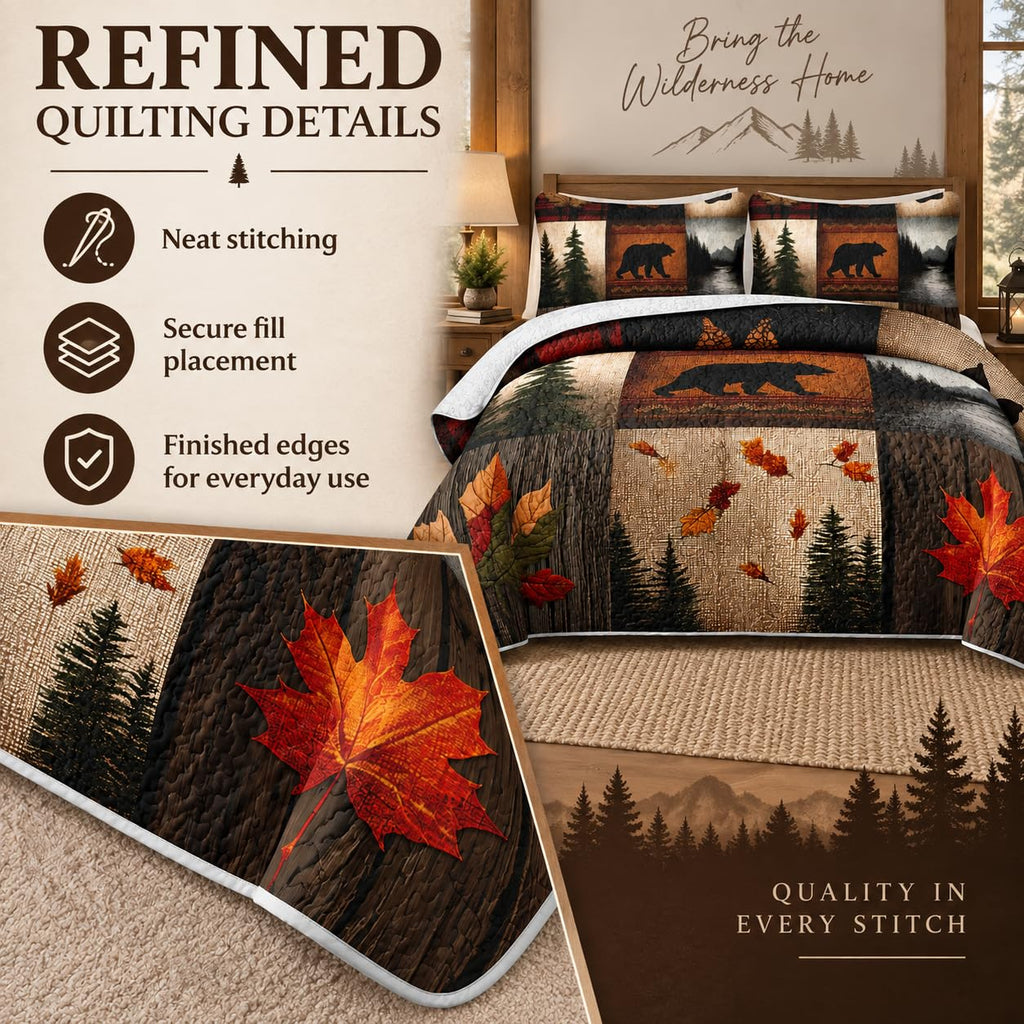 Rustic Bear Quilt Set, Western Bedspread Bedspread Coverlet with 2 Pillowcases, 3-Piece Bear Walk Cabin Plaid